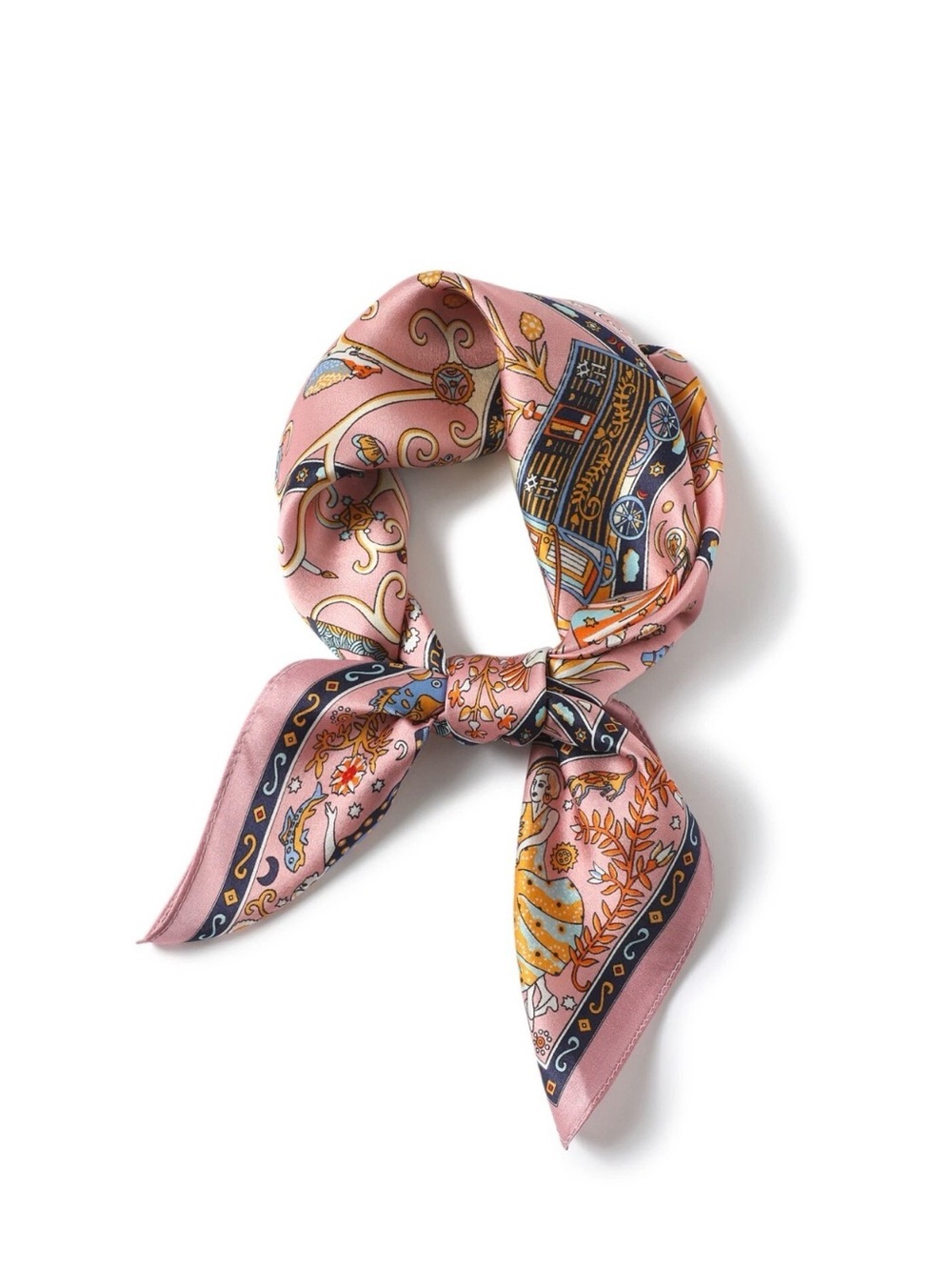100% Silk Square Scarf Pink Boho Folk Art Ornate Printed 26”